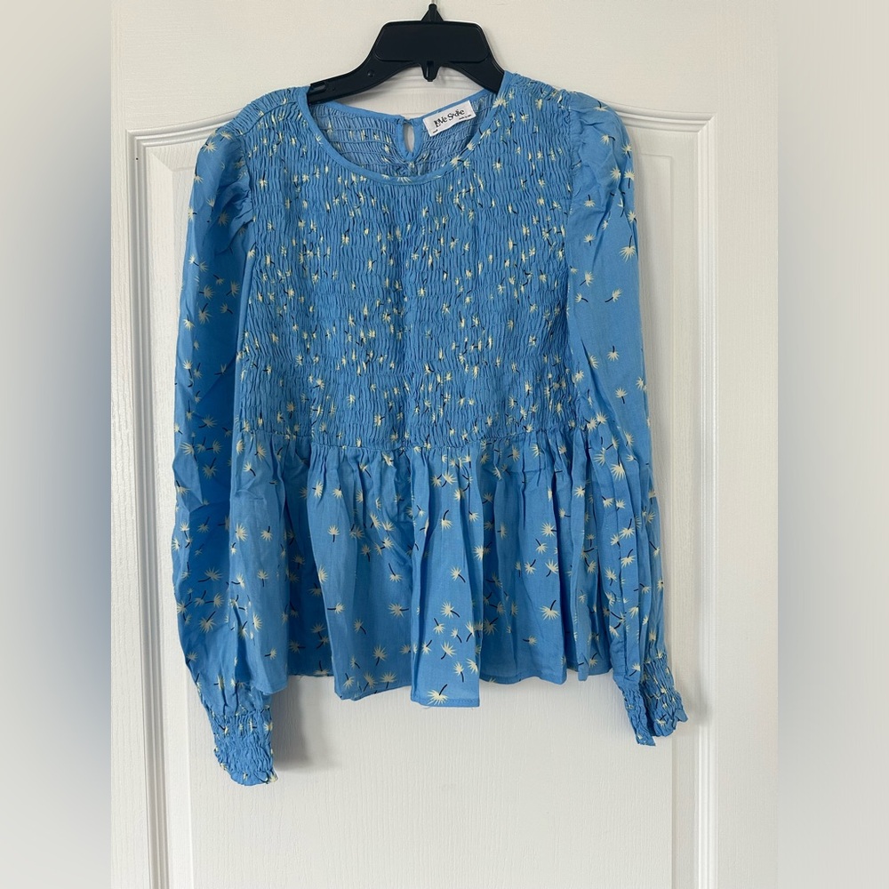 Love Sadie - Blue and Yellow Floral Long Sleeve Cinched Blouse - Size Small